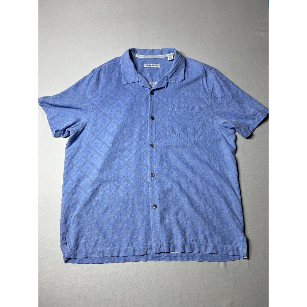Tommy Bahama 100% Silk Camp Shirt XL Blue Jacquard Diamond‎ Hawaiian